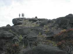Excursionistas sobre o tope rochoso, olhando à savana